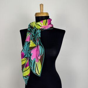 Vintage Vera Neumann Floral Scarf Pink Green Brown Hand Rolled Ladybug Logo